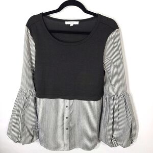 Miss Lili Women's Large Shirt Black White Striped Balloon Sleeves‎ Unique Office